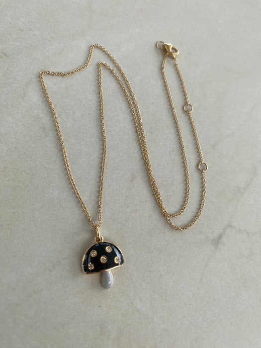 14K Gold Black & Gray Enamel Diamond Mushroom Charm Necklace | Adjustable 16-18”