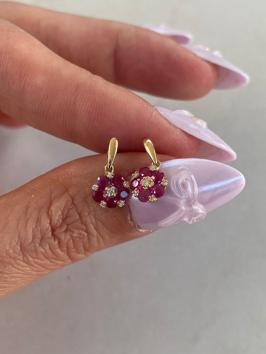 14K Gold Natural Ruby & Diamond Flower Drop Stud Earrings