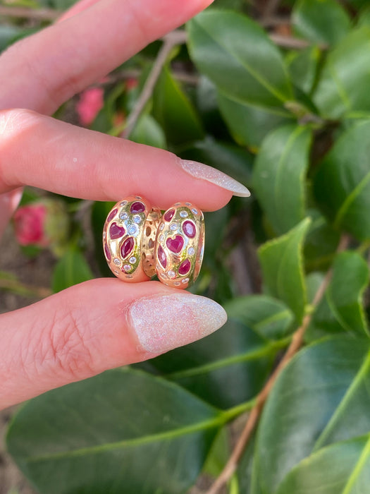 14k ruby fancy cuts and diamond hoop earrings