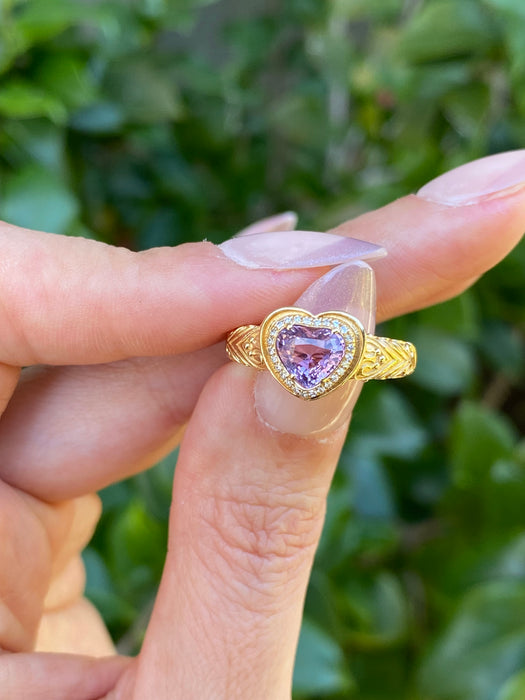 18K Gold Pink Sapphire Heart & Diamond Ring – 1.03 CT Unheated Sapphire – Size 6.5