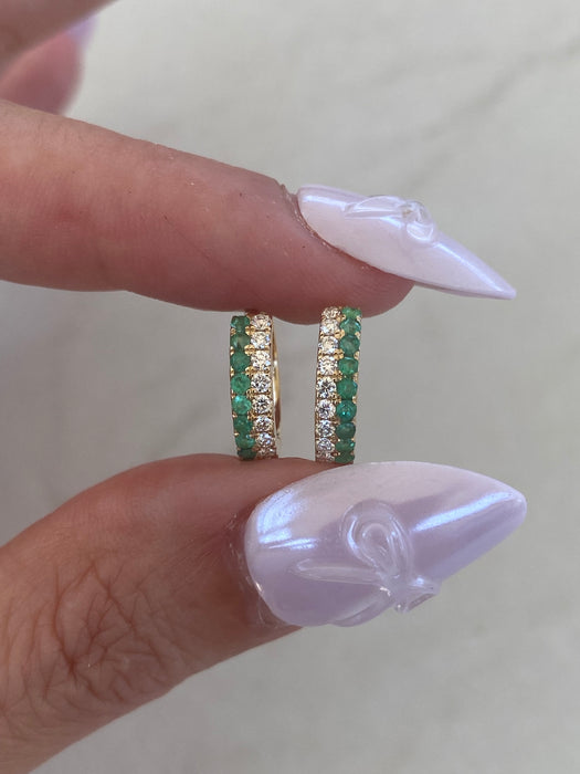14K Natural Emerald & Diamond Huggie Earrings