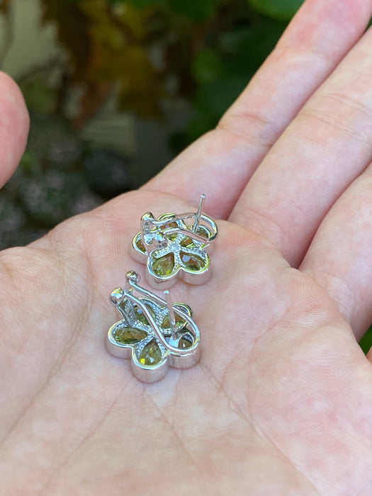14k white gold diamond peridot flower omega back earrings