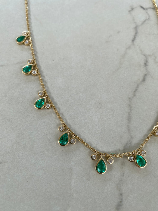 14K Gold Mariner Chain Necklace with Lab-Grown Pear Emerald & Diamond Stations