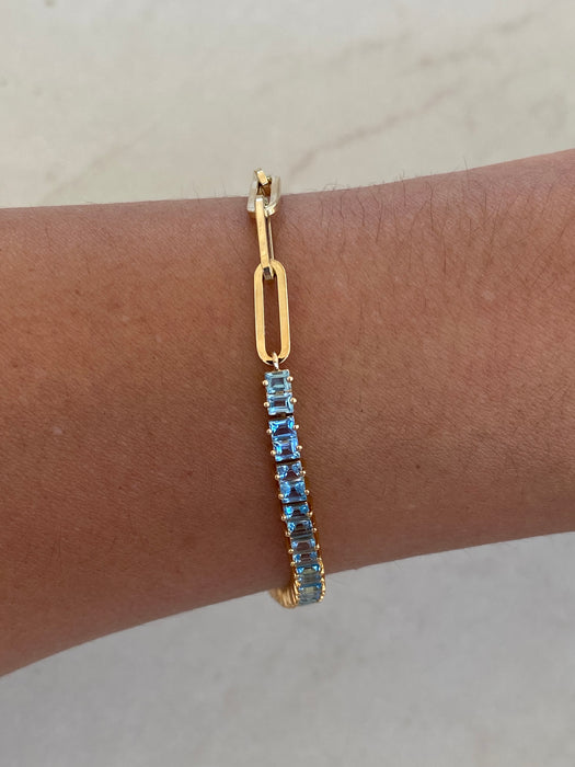14K Gold Blue Topaz Half Paperclip Bracelet
