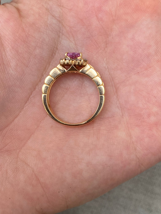 Vintage 18K Rose Gold Pink Sapphire Heart Ring with Diamond Halo – Size 7