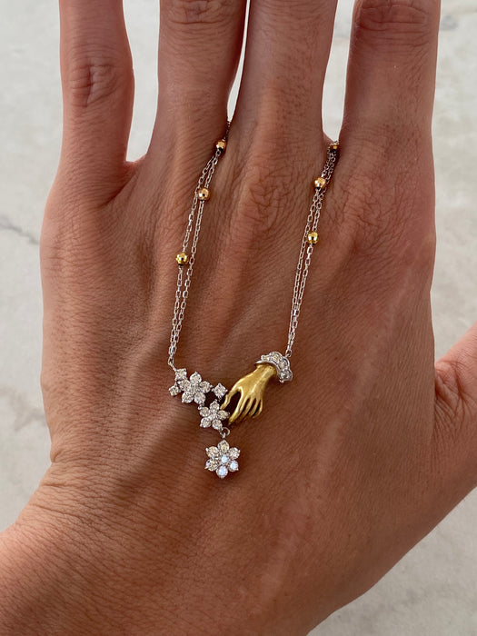 Vintage 18K Platinum 900 Diamond Hand & Flower Necklace
