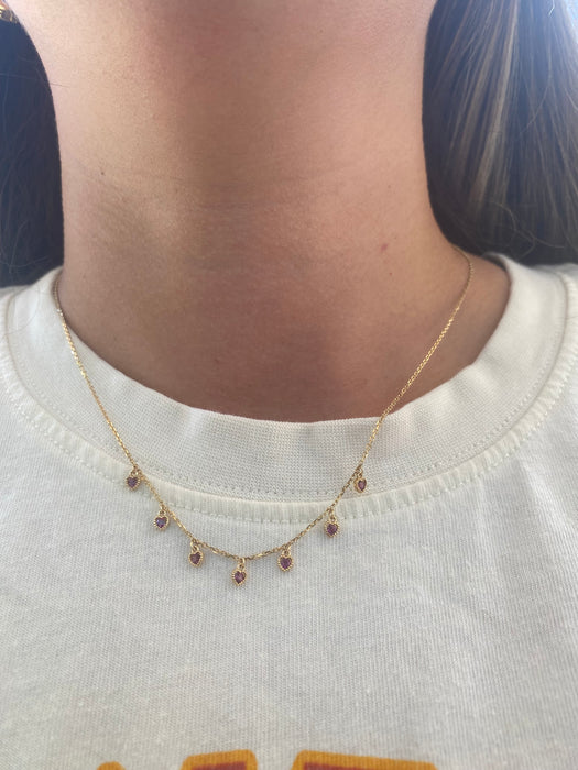 14K Garnet Heart Charm Station Necklace