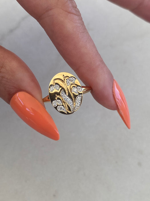 14K Gold Diamond Bluebell Signet Ring