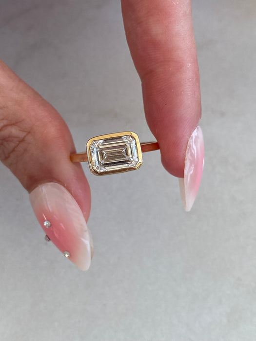 18K Gold Bezel Set 2 Carat Lab Emerald Cut Diamond Ring