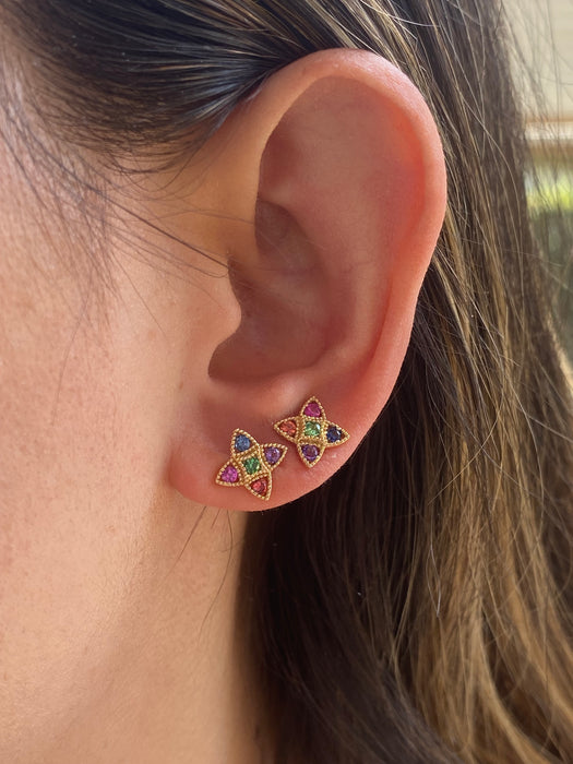 14K Rainbow Gemstone Clover Stud Earrings | Sapphire, Amethyst & Tsavorite