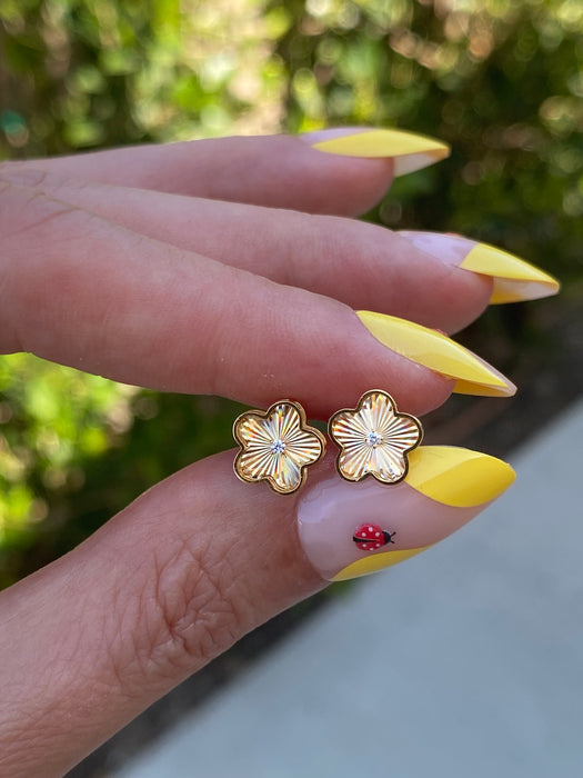 14K Fluted Rainbow Flower Diamond Stud Earrings