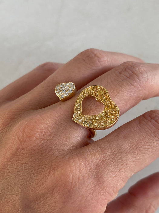 Vintage 18K Yellow Sapphire & Diamond Heart Ring Size 7