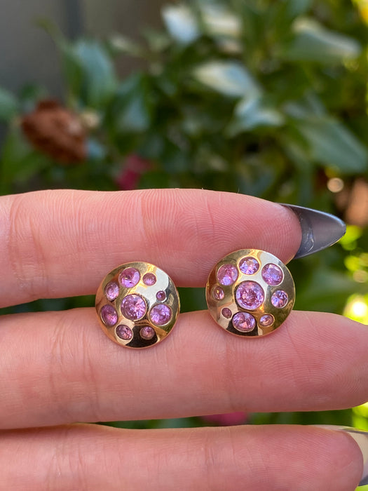 14K Gold Pink Flush Set Button Sapphire Stud Earrings