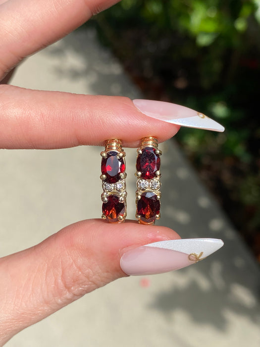 Vintage 14K Gold Garnet Diamond Hoop Earrings