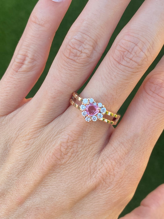 Vintage 18K Rose Gold Pink Sapphire Heart Ring with Diamond Halo – Size 7