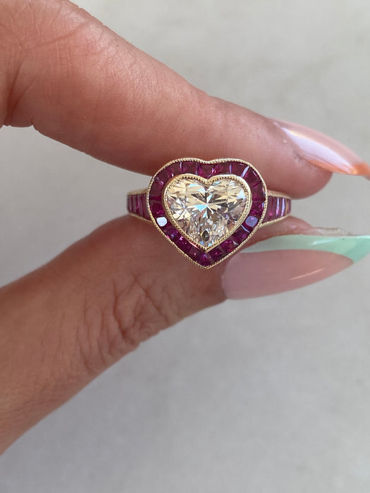 14K Lab Diamond Heart Ring with Natural Ruby Halo
