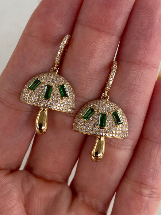 14K Gold Diamond & Tsavorite Garnet Mushroom Huggie Earrings | 1.00 CTW Diamonds