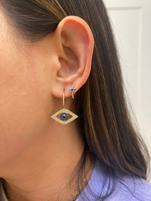 14k diamond blue sapphire evil eye huggie earrings
