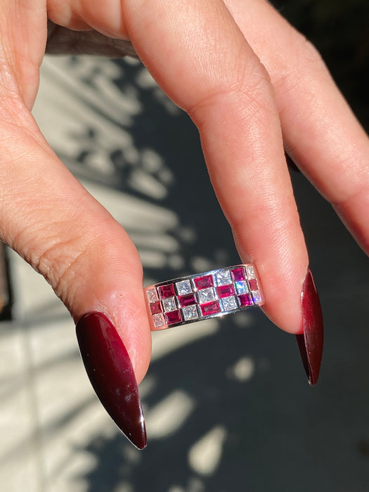Platinum 900 ruby diamond checkerboard ring size 6.5