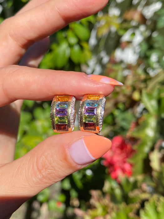 14k rainbow diamond omega earrings