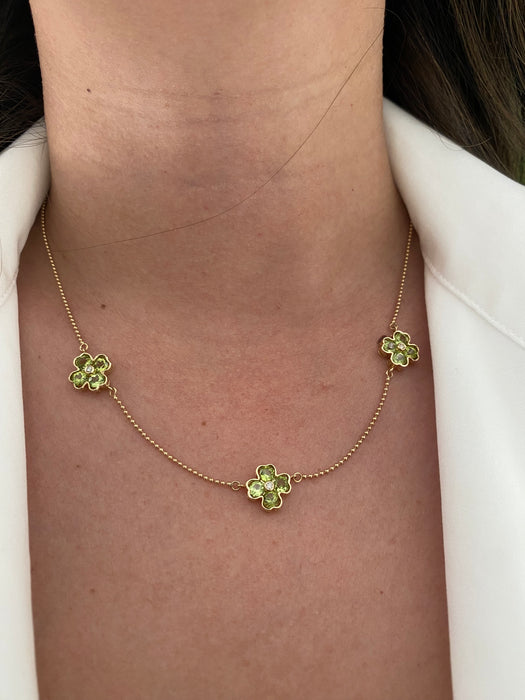 14k peridot clover bead station necklace 18”