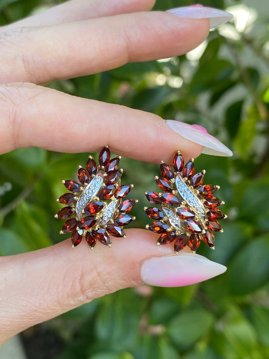 Vintage 14K Gold Marquise Garnet & Diamond Cluster Earrings with Omega Backs