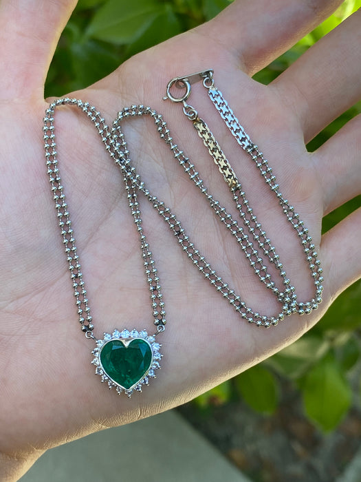Platinum 850 bezel set 3.5 carat emerald heart and diamond bead necklace