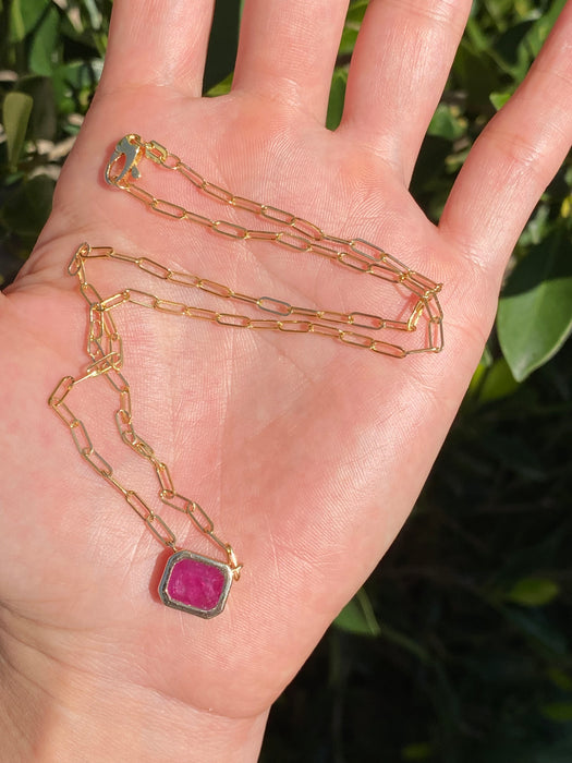 14K Gold Bezel Set Ruby Paperclip Necklace