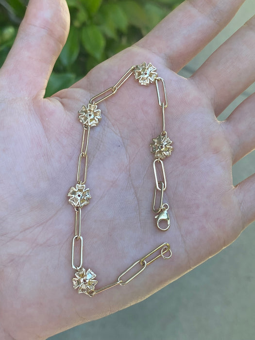 14k diamond paperclip flower bracelet