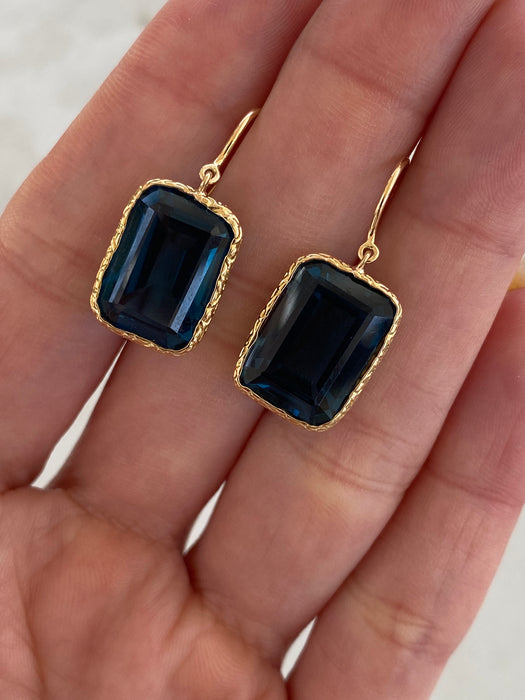 Vintage 18K Gold Bezel-Set London Blue Topaz Hook Earrings