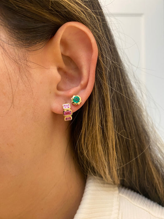 14K Bezel Set Lab Pink Sapphire Emerald Cut Huggie Earrings