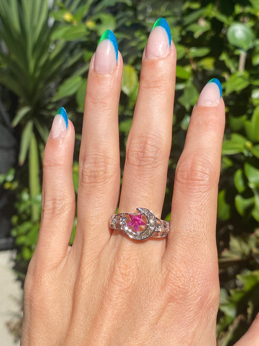 18k white gold baguette diamond kite ruby moon ring size 8.5