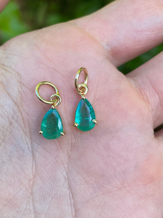 14K Gold Pear Cut Emerald Charm Pendant