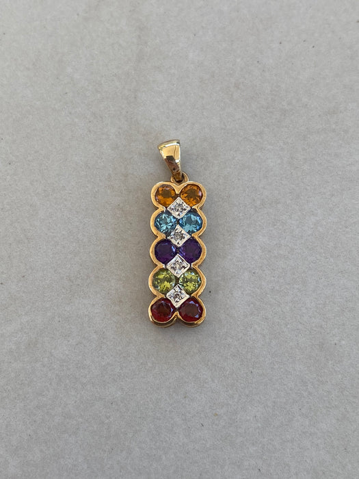 Vintage 14K Gold Rainbow Gemstone Slider Pendant with Diamond Accents