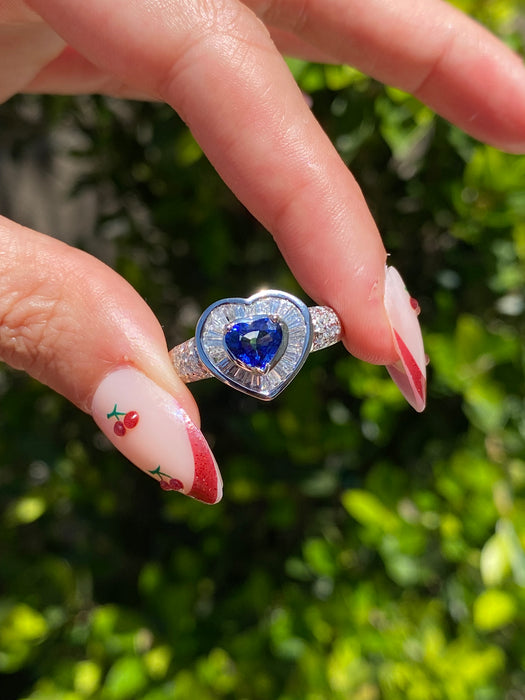 Vintage Platinum 900 Heart Sapphire & Diamond Ring