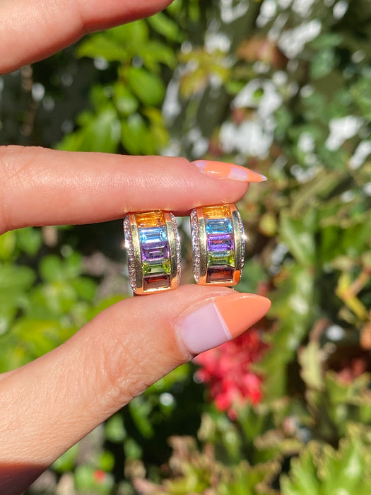 14k rainbow diamond omega earrings