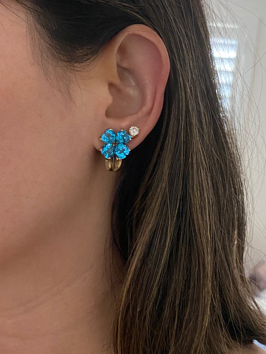 Vintage 14K Gold Blue Topaz Heart Flower Earrings