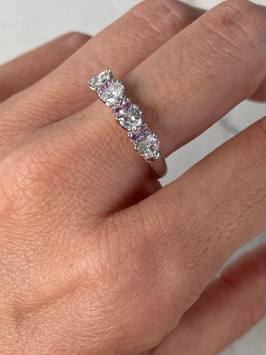 Vintage Platinum 900 Diamond Heart & Pink Sapphire Ring | Size 8
