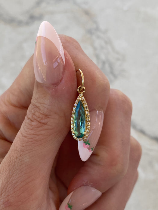 14K Pear Tourmaline & Natural Diamond Halo Pendant