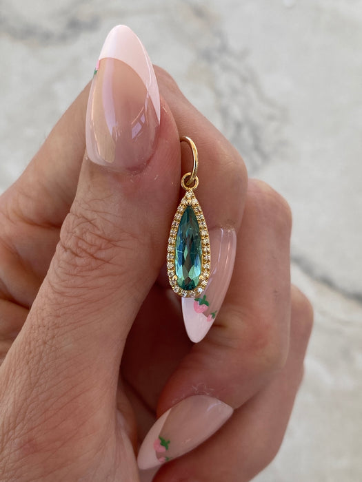 14K Pear Tourmaline & Natural Diamond Halo Pendant