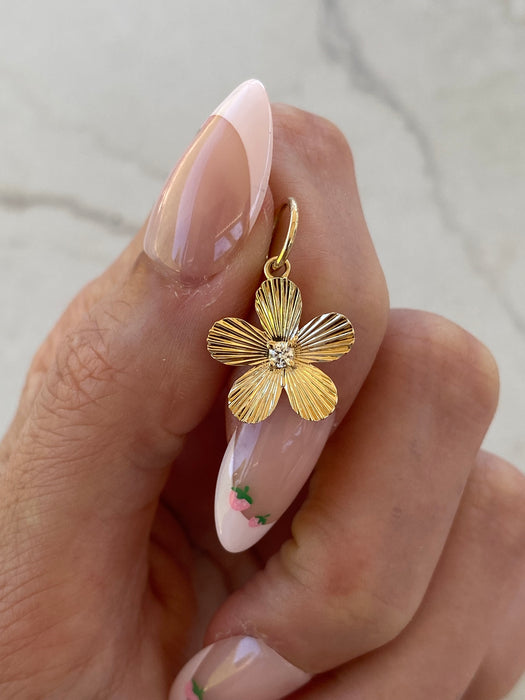 14K Natural Diamond Fluted Flower Pendant