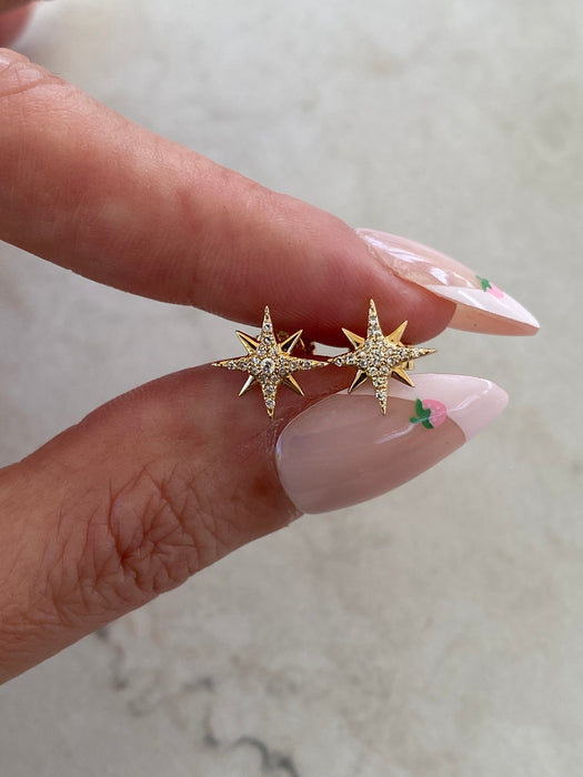 14K Natural Diamond North Star Stud Earrings