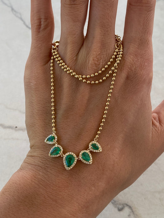 14K Emerald & Diamond Halo Bead Chain Necklace