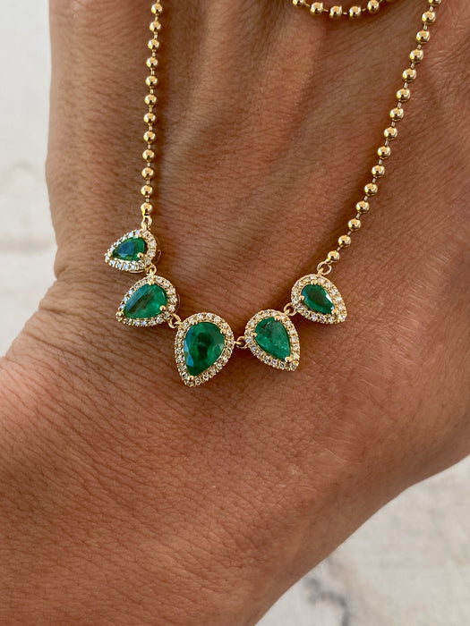 14K Emerald & Diamond Halo Bead Chain Necklace