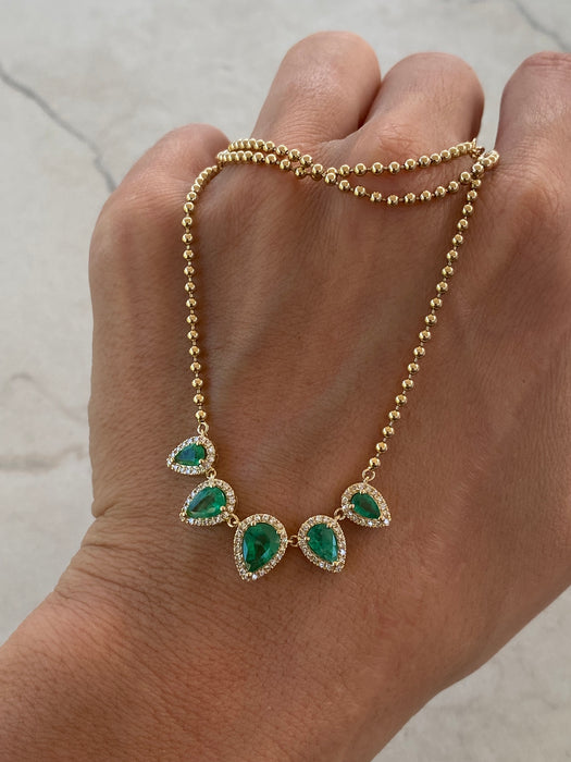14K Emerald & Diamond Halo Bead Chain Necklace