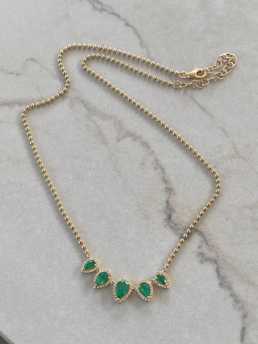 14K Emerald & Diamond Halo Bead Chain Necklace