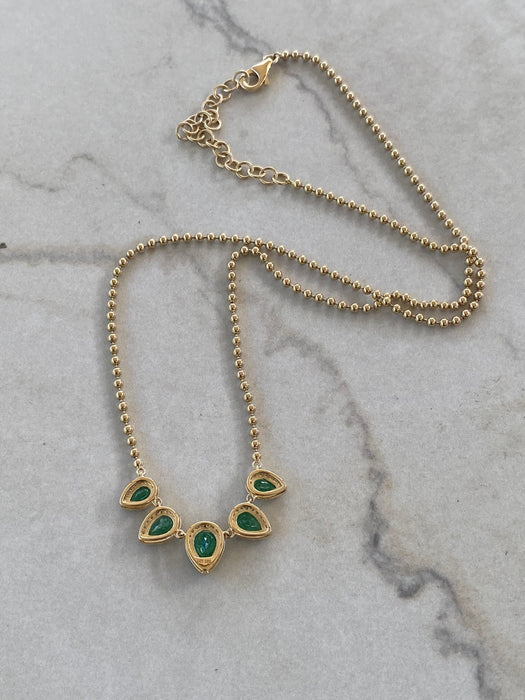 14K Emerald & Diamond Halo Bead Chain Necklace