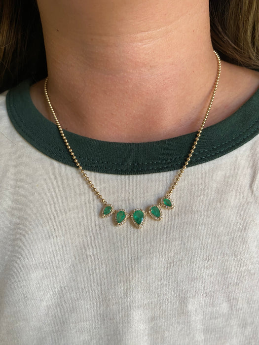14K Emerald & Diamond Halo Bead Chain Necklace