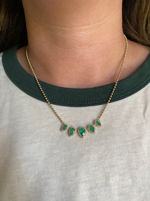 14K Emerald & Diamond Halo Bead Chain Necklace