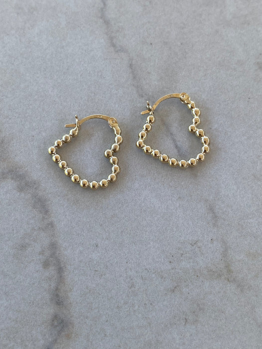 14K Gold Beaded Heart Hoop Earrings